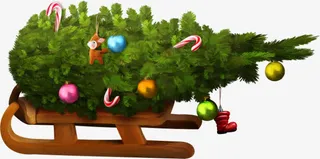 手绘雪橇车圣诞树免抠