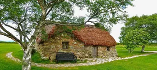 绿色草地和石头小屋免抠