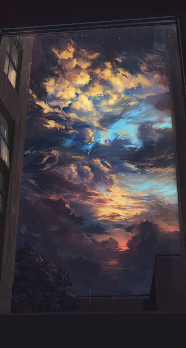 窗户外的天空动漫海报背景免抠