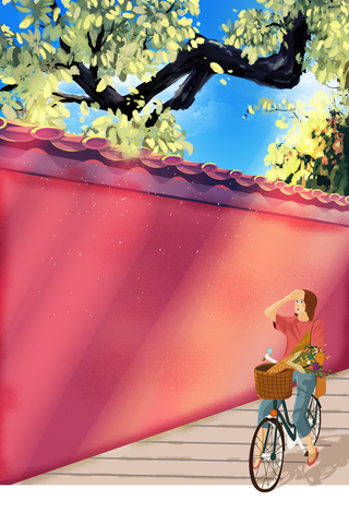秋天背景立秋围墙树枝手绘人物单车高清