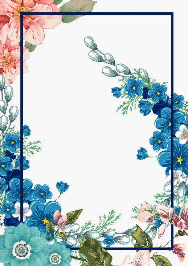 蓝色创意花朵边框免抠