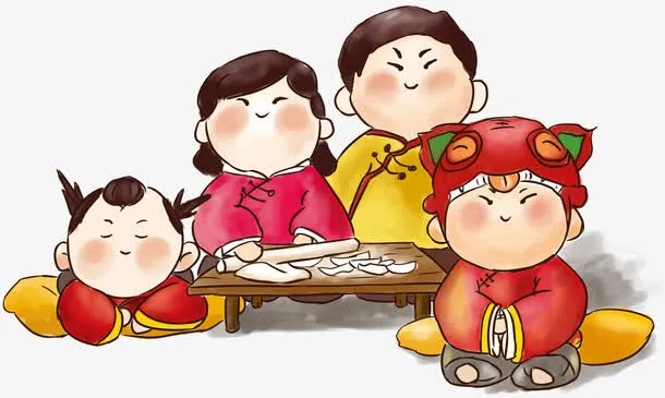 团圆包饺子手绘插画免抠