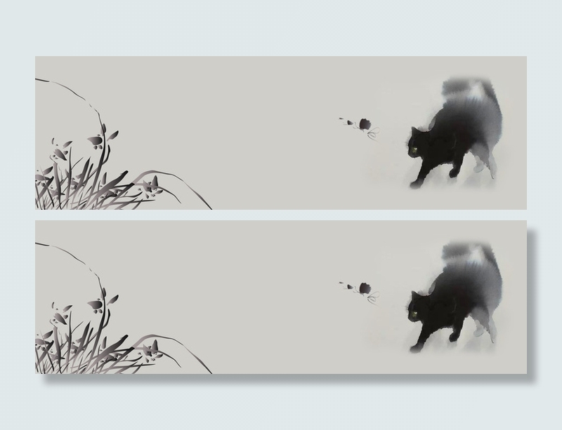 水墨猫咪花草背景图高清