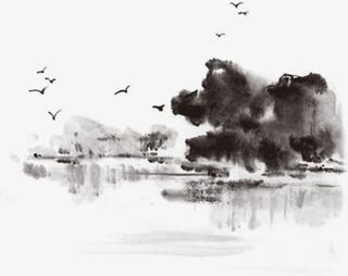 中国风黑色山水画装饰免抠