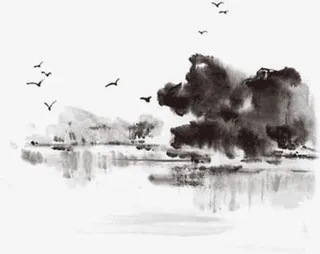 中国风黑色山水画装饰免抠