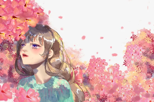 春天手绘人物樱花花瓣免抠
