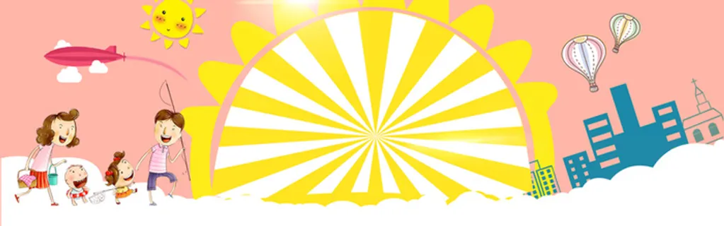 春天亲子游卡通手绘全家黄几何banner高清