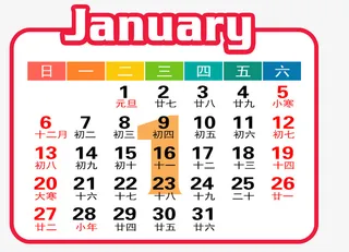 红白色年1月日历免抠