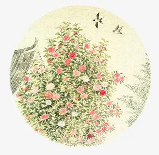 手绘山茶花树枝免抠