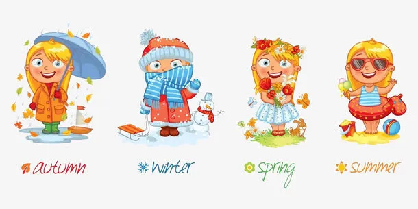 春夏秋冬人物风景图免抠