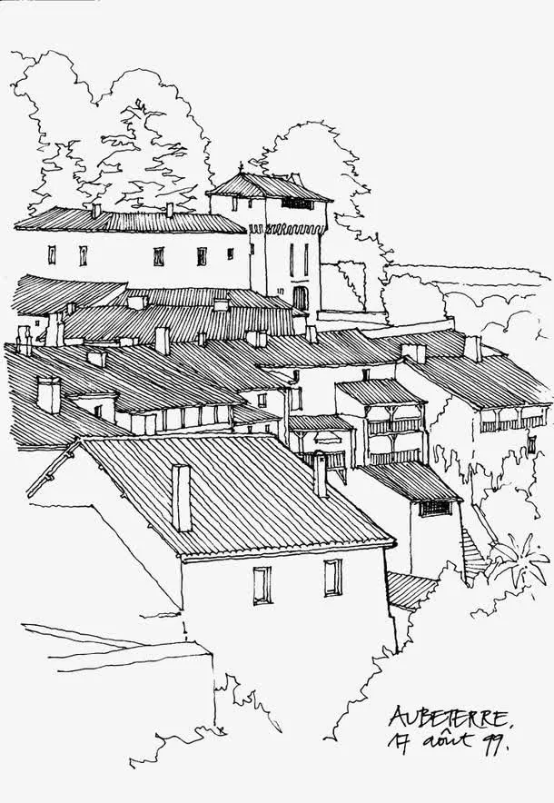 手绘卡通风景线描免抠