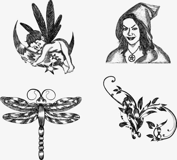 黑白纹身女巫蜻蜓婴儿免抠