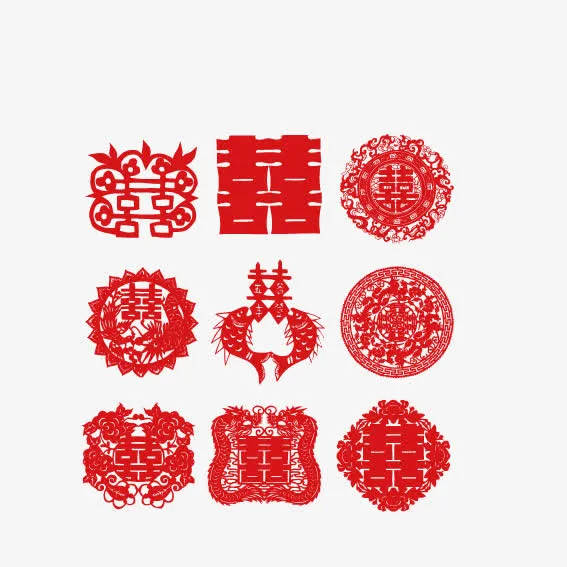 剪纸喜字小鱼免抠