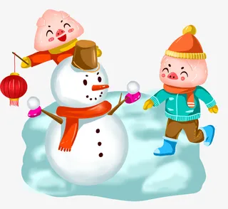 新年小猪堆雪人免抠