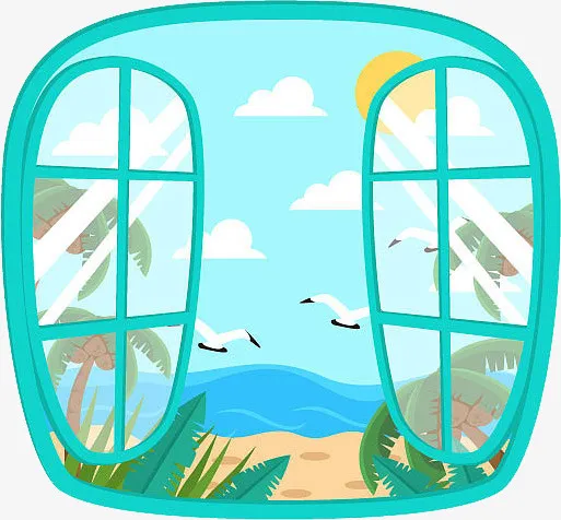 蓝色夏日窗外海浪沙滩椰子树免抠