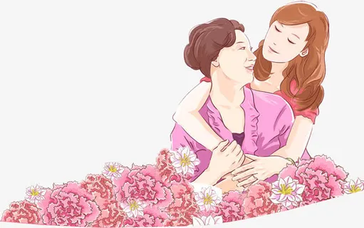 粉色温馨和谐母女手绘免抠