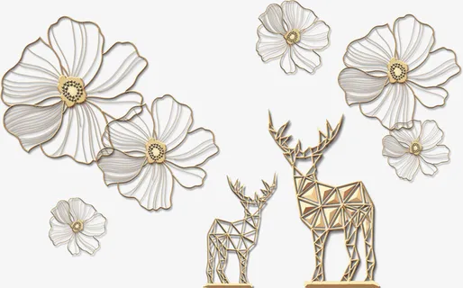 金属装饰，花，梅花鹿免抠