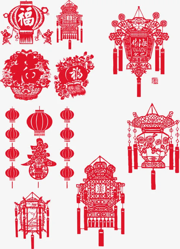 红色元宵灯笼手绘美景免抠