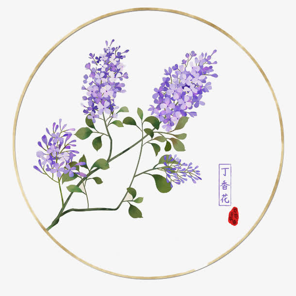 手绘圆形唯美中国风丁香花插图免免抠