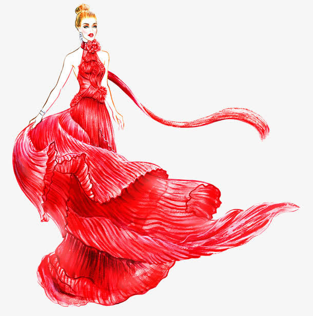 手绘红色婚纱美女免抠