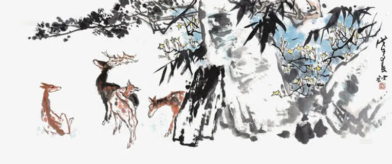 国画树下的小鹿免抠