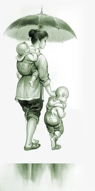 雨天母亲节孩童设计手绘免抠