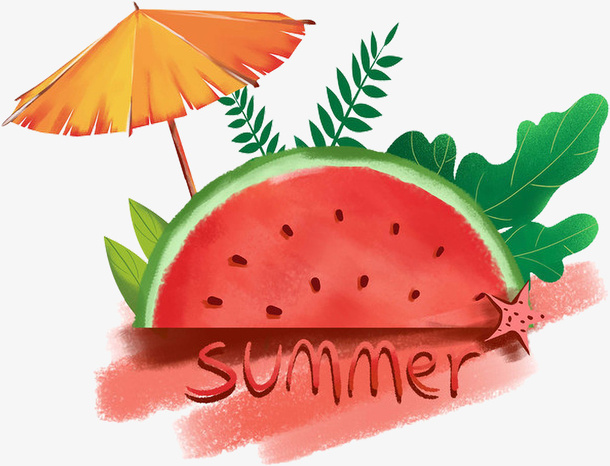 夏至红色的西瓜与太阳伞免抠