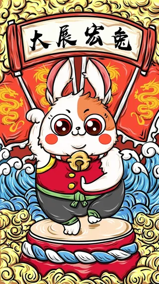 国潮手绘个性背景大展宏兔高清