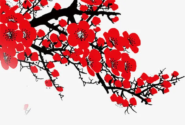 手绘红色梅花树枝海报免抠