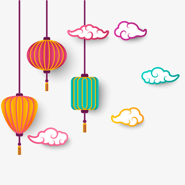 卡通新年彩色灯笼祥云免抠