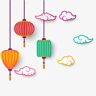 卡通新年彩色灯笼祥云免抠