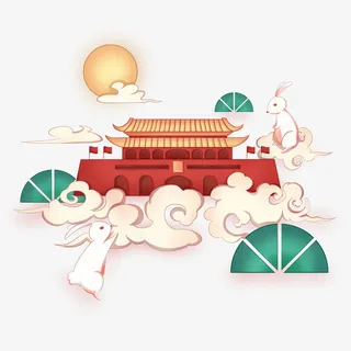 手绘复古中秋国庆节庆玉兔祥云元素.png免抠