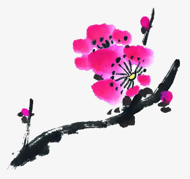 水墨粉色梅花免抠