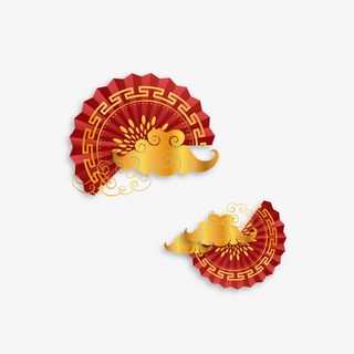 立体金属扇子祥云国风国潮折扇喜庆节日免抠