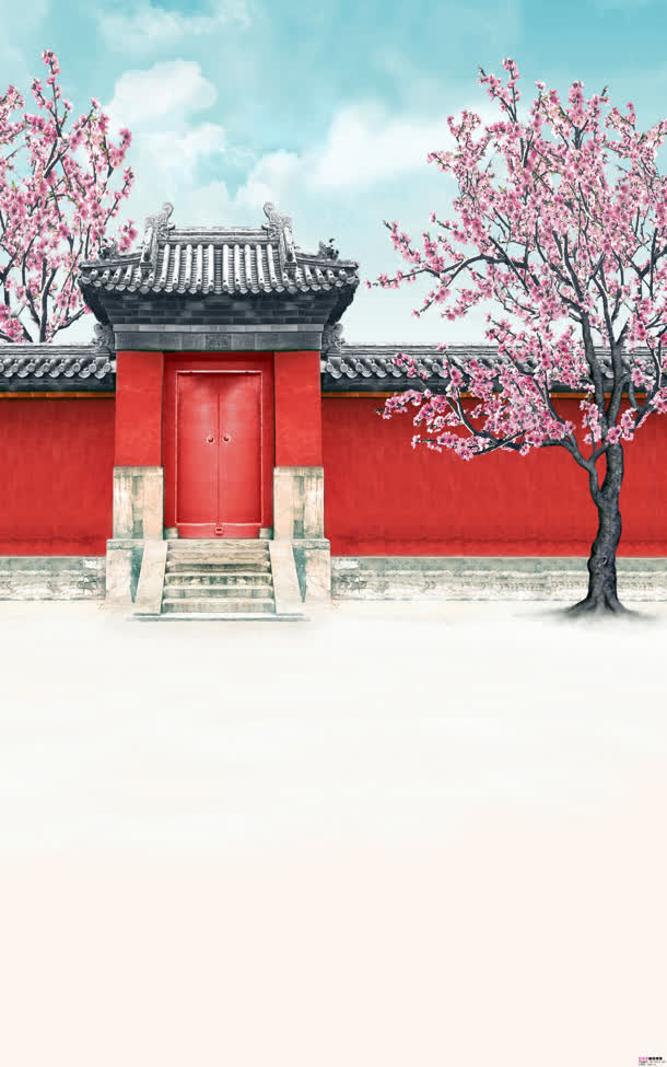 中国风红院桃花风景免抠