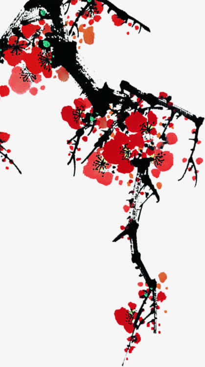 手绘红色梅花树枝免抠
