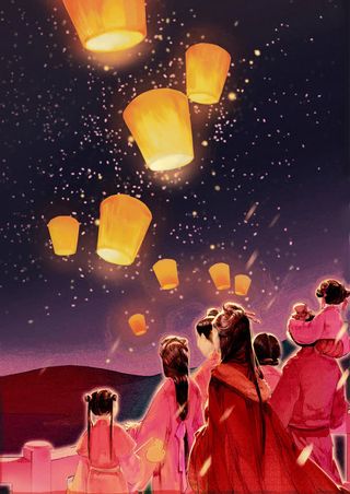 唯美古风孔明灯夜景免抠