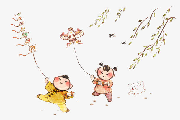 手绘插画清风徐来春日放风筝免抠