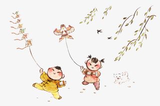 手绘插画清风徐来春日放风筝免抠