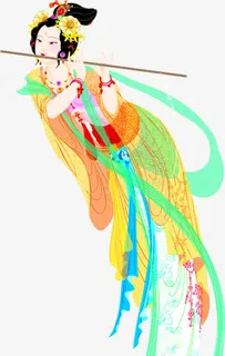 手绘古风女孩吹笛免抠