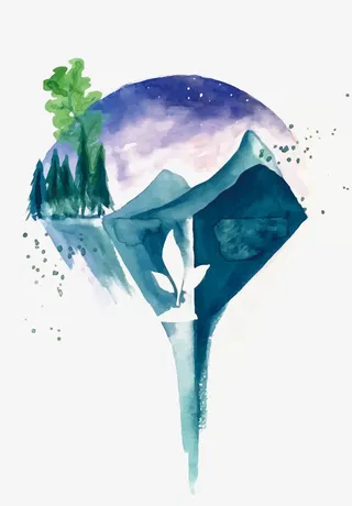 矢量水彩山河免抠