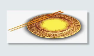 中秋节金黄色盘子和筷子免抠