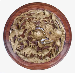 木雕水鸟莲花图案高清图免抠