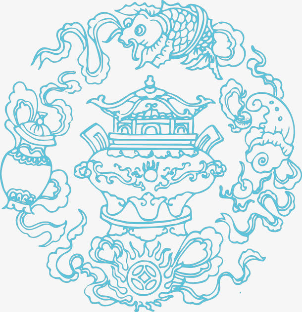 湖蓝色青铜器花纹免抠