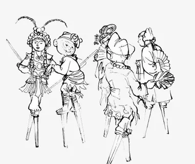 手绘踩高跷场景免抠