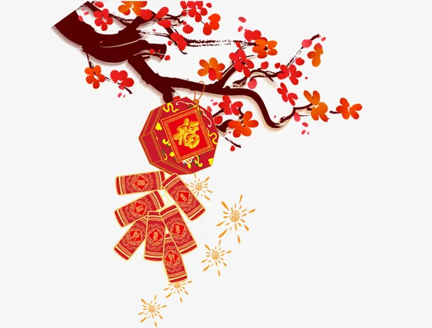 红色腊梅树枝上的灯笼免抠