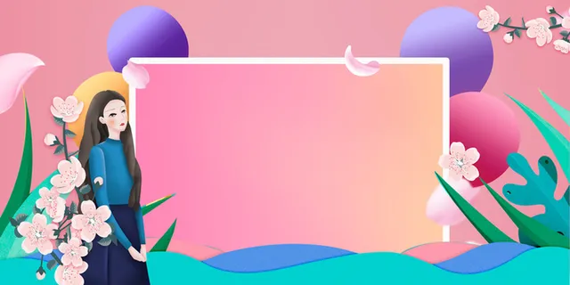 女神节桃花装饰卡通人物背景图高清