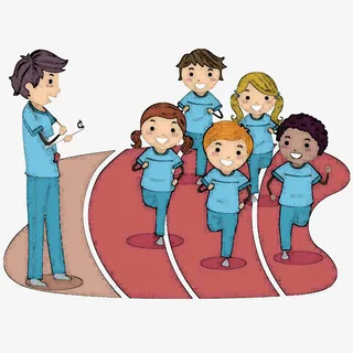 卡通手绘跑步的学生和教练免抠