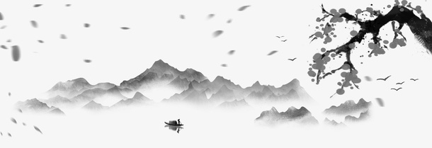 树水墨山水画免抠