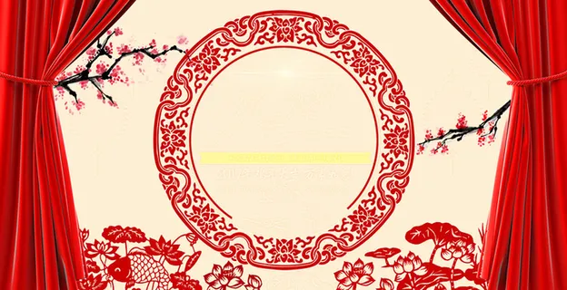 剪纸红帘梅花节日背景高清